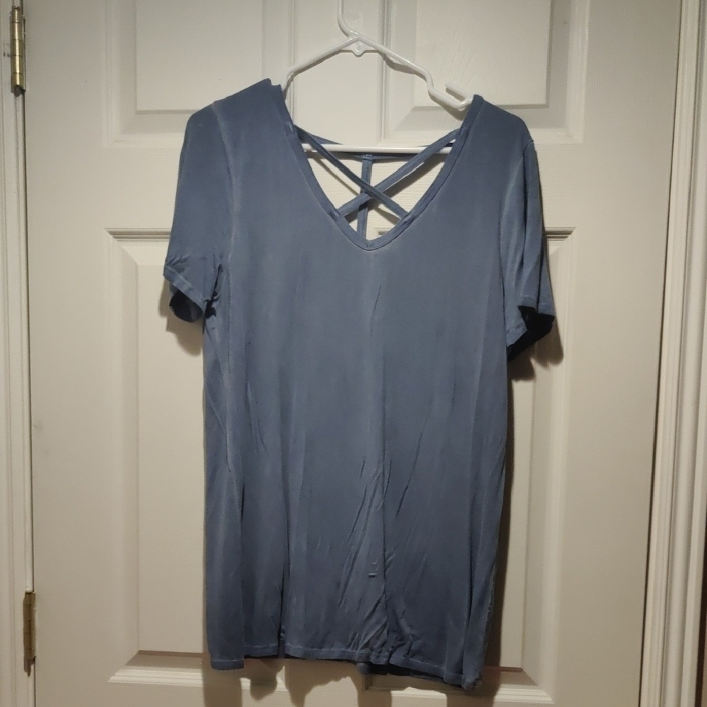Blue V-Neck Crisscross Back Women's Top